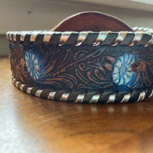 amazing handpainted cowboy western deer buckle belt blue fairy flower boho